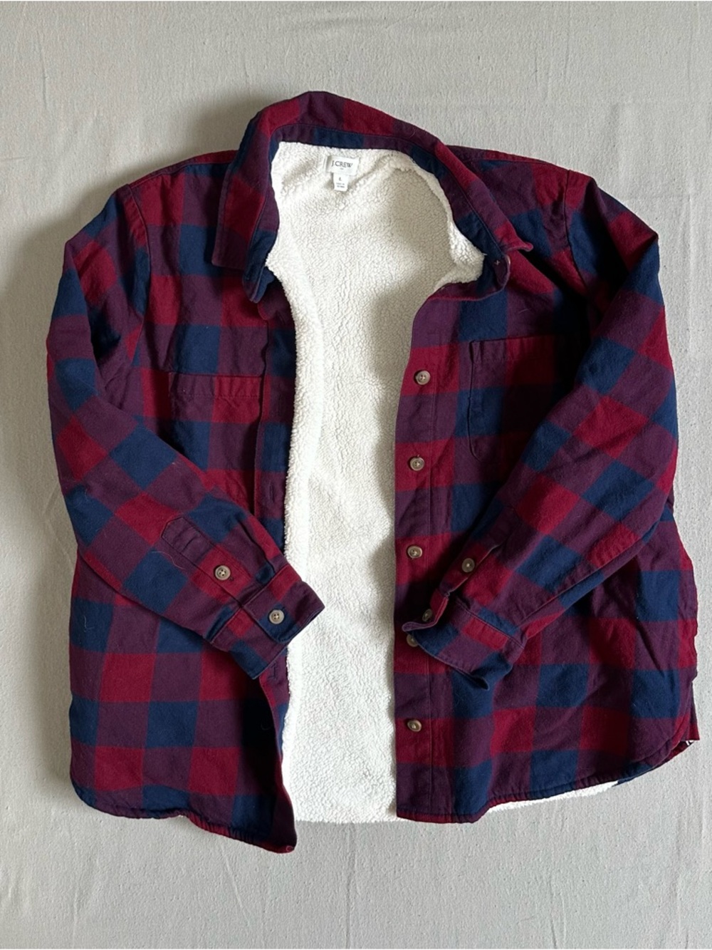 J. Crew Sherpa Lined Flannel Jacket Buffalo Plaid Red Navy Shacket Mens L